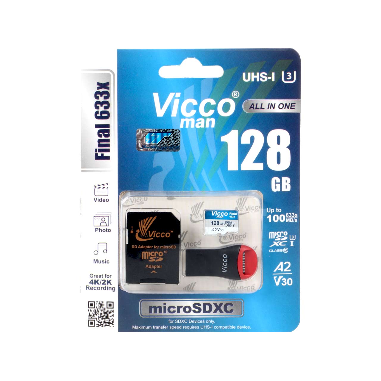 رم Vicco man Final 633X ALL IN ONE U3 microSDXC UHS-I Class10-100MB/s -128GB