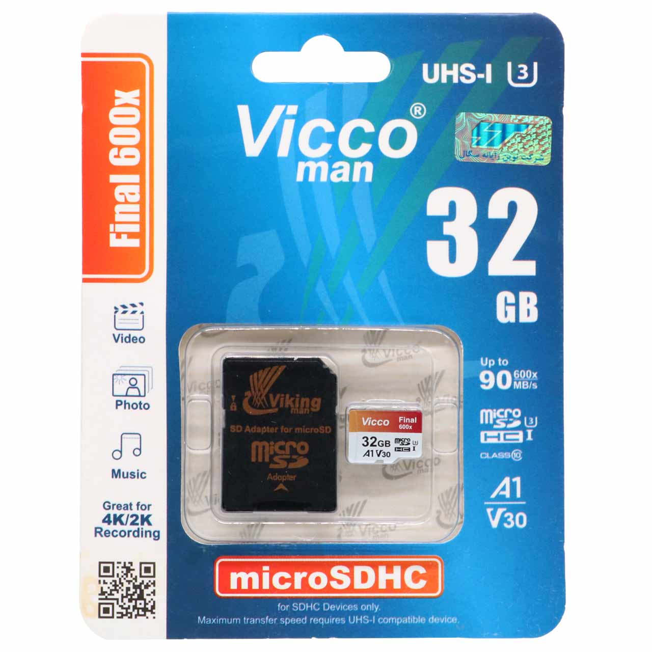 رم Viccoman Final 600X microSDHC & adapter UHS-I U3 Class 10-90MB/s-32GB