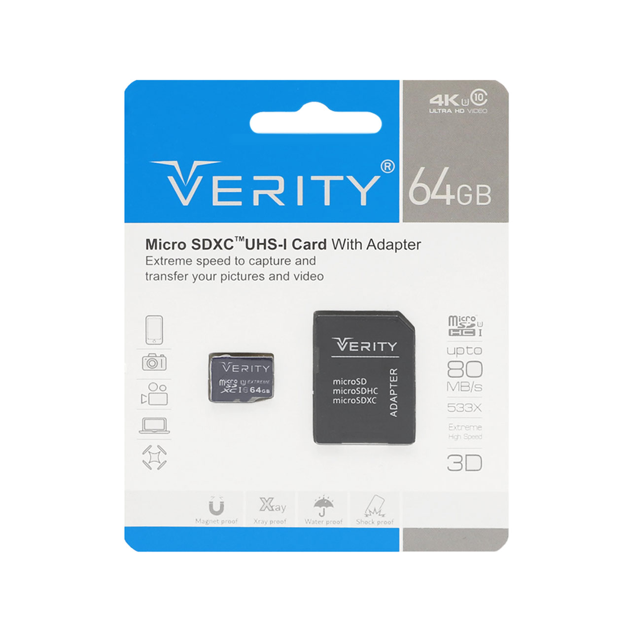 رم Verity microSDXC & adapter UHS-I U3 Class 10 Extreme-80MB/s-64GB