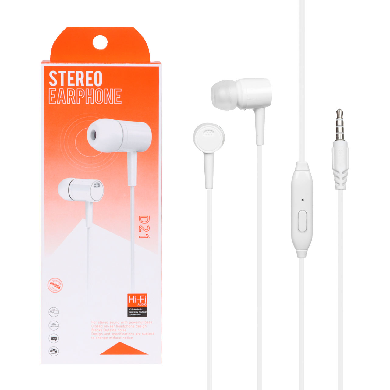 هندزفری با سیم STEREO مدل D21 - سفید - DST (گارانتی شش ماهه)