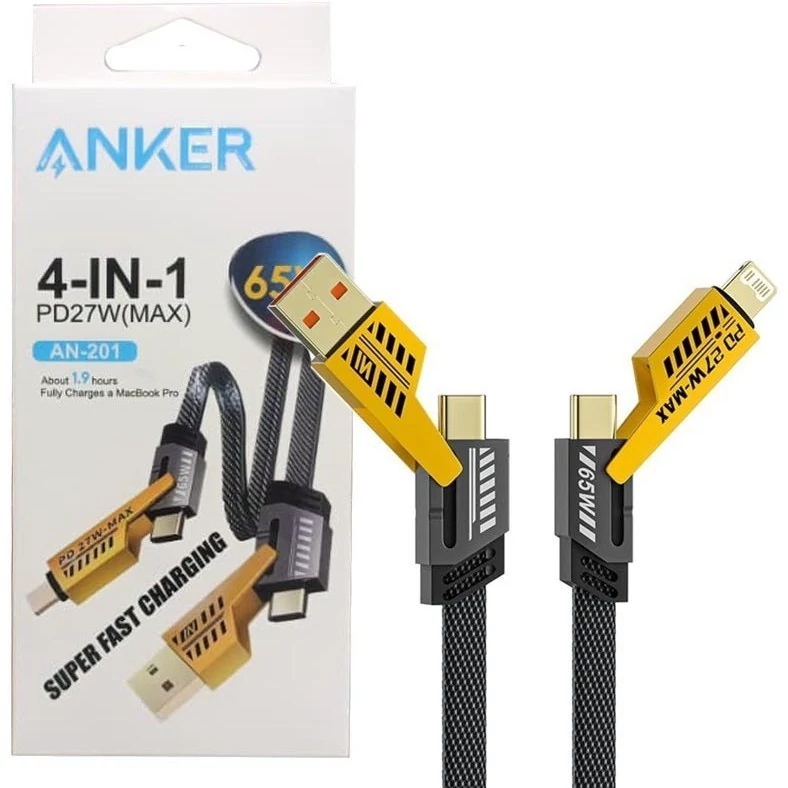 کابل شارژ و دیتا فست 1متری فلت برزنتی 4 سر فلزی Anker AN-201 65W
