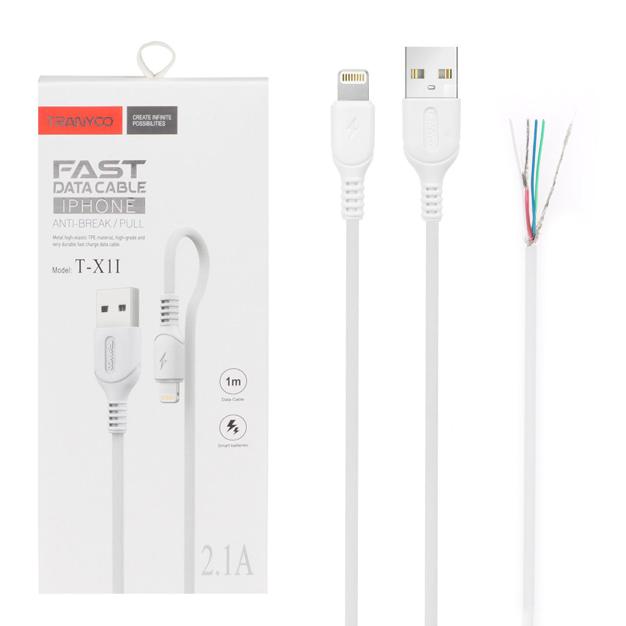 کابل شارژ و دیتا فست آیفون TRANYOO مدل T-X1I - سفید