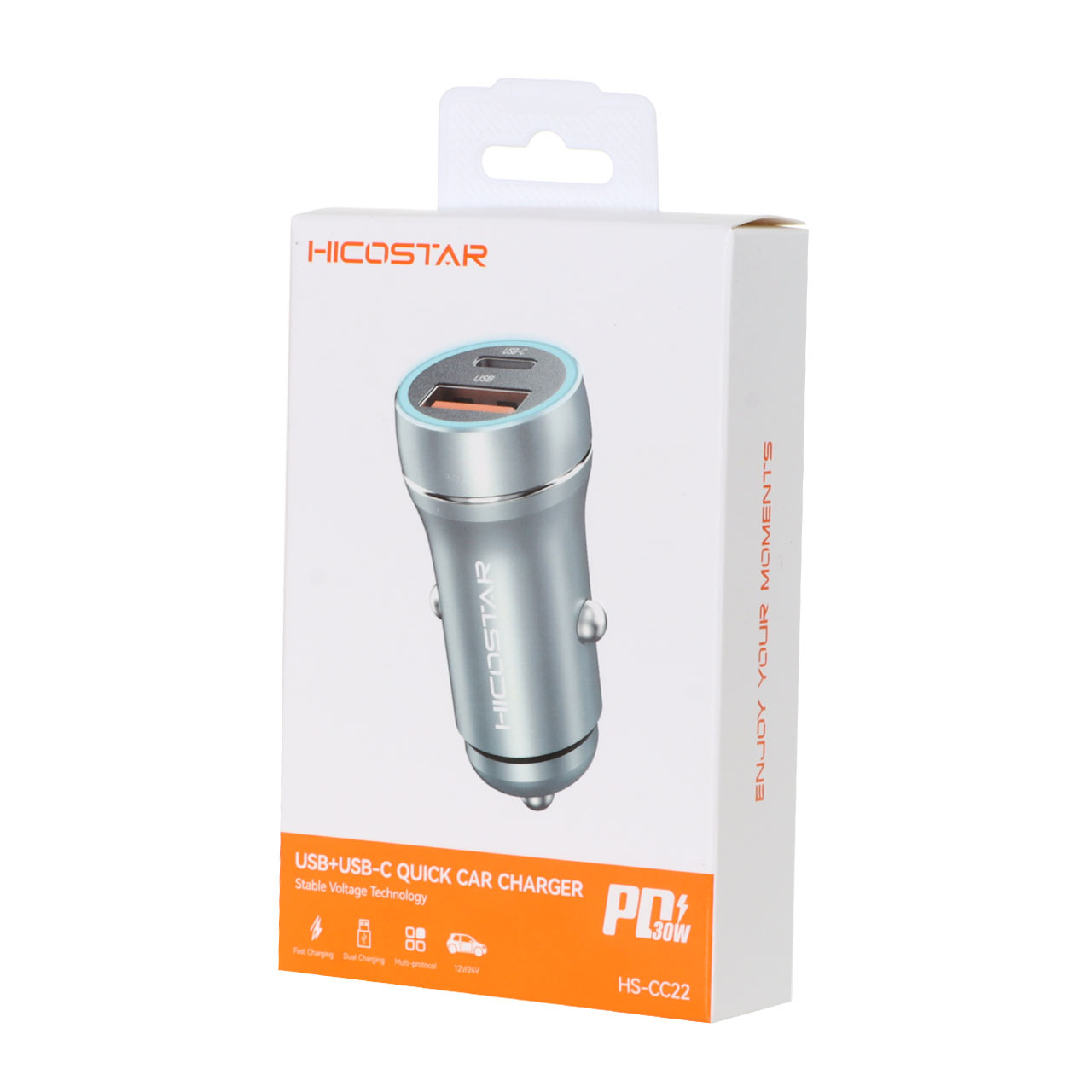 شارژر فندکی 30W فست و PD دو پورت Hicostar مدل HS-CC22 - خاکستری