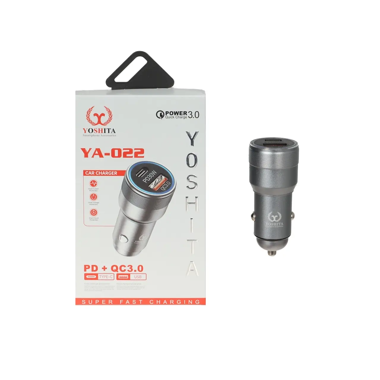 شارژر فندکی PD و فست دو پورت Yoshita مدل YA-022 - نقرآبی - MMS (گارانتی شش ماهه YA)