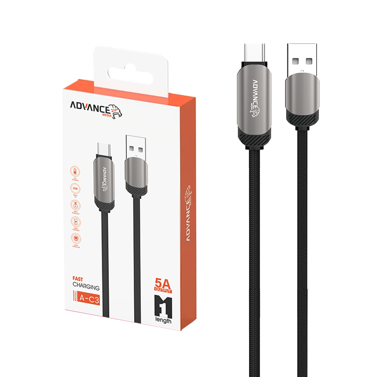 کابل شارژ فست Advance Media Type-C مدل A-C3 - مشکی (گارانتی یکساله ویستا حافظه)