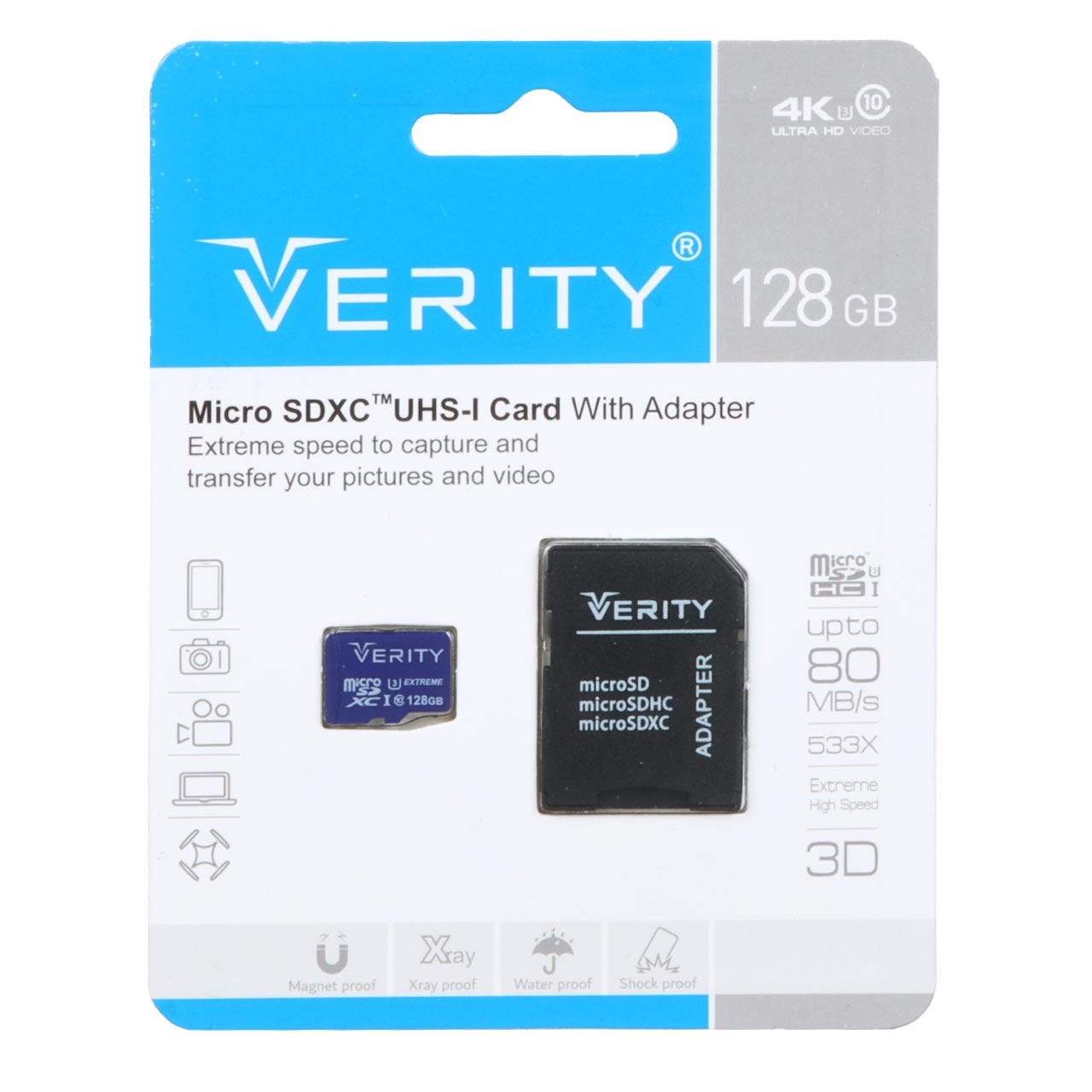 رم Verity microSDXC & adapter UHS-I U3 Class 10 Extreme-80MB/s-128GB