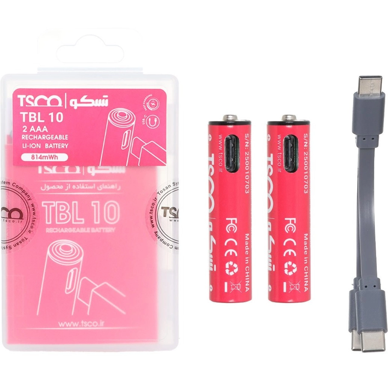 باتری نیم قلم شارژی TSCO Type-C AAA مدل TBL 10 - بسته 2 عددی (گارانتی 12 ماهه تسکو)
