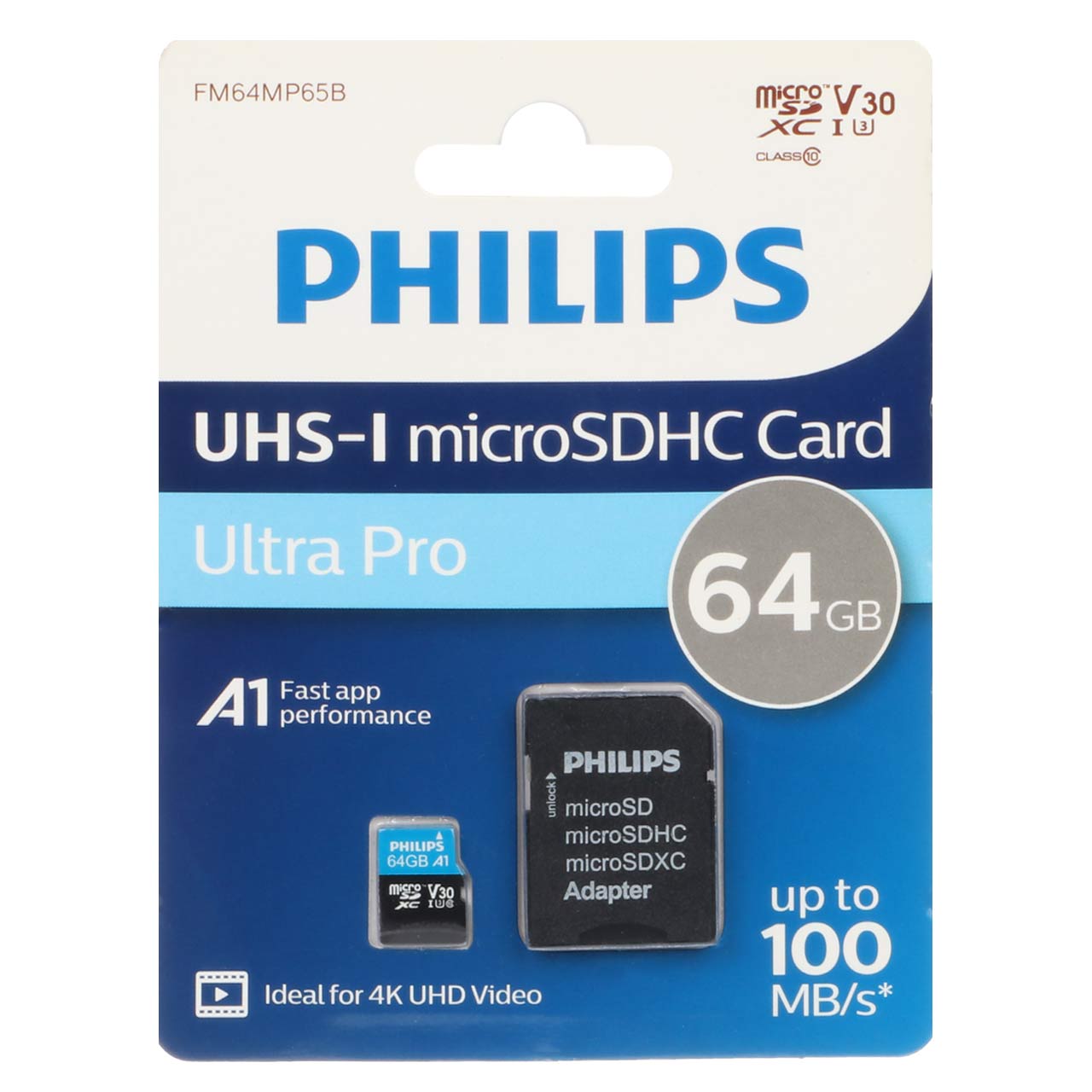 رم PHILIPS microSDHC & adapter UHS-I Ultra Pro U3 Class 10 V30 A1 - 100MB/s - 64GB