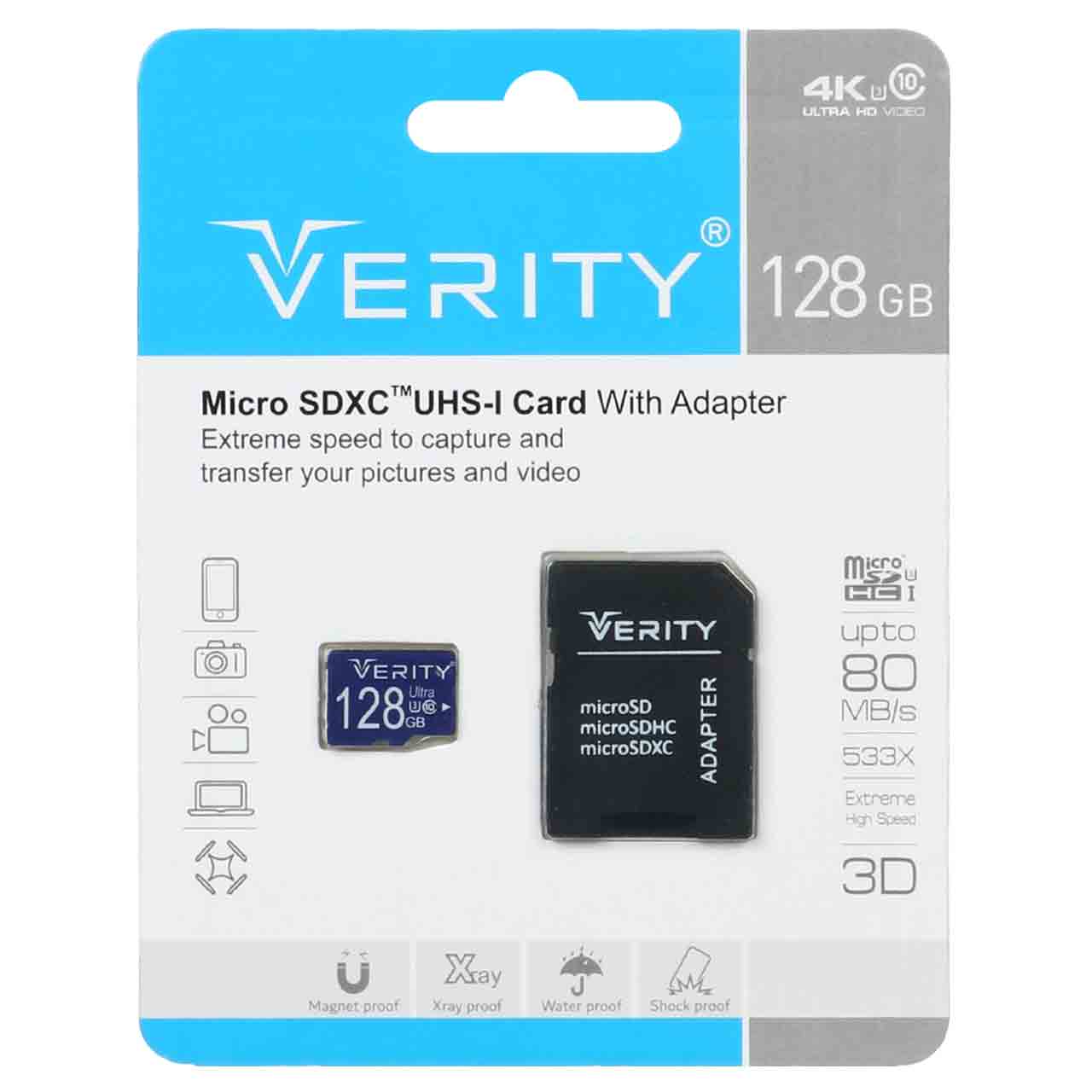 رم Verity microSDXC & adapter UHS-I U3 Class 10 Extreme-80MB/s-128GB